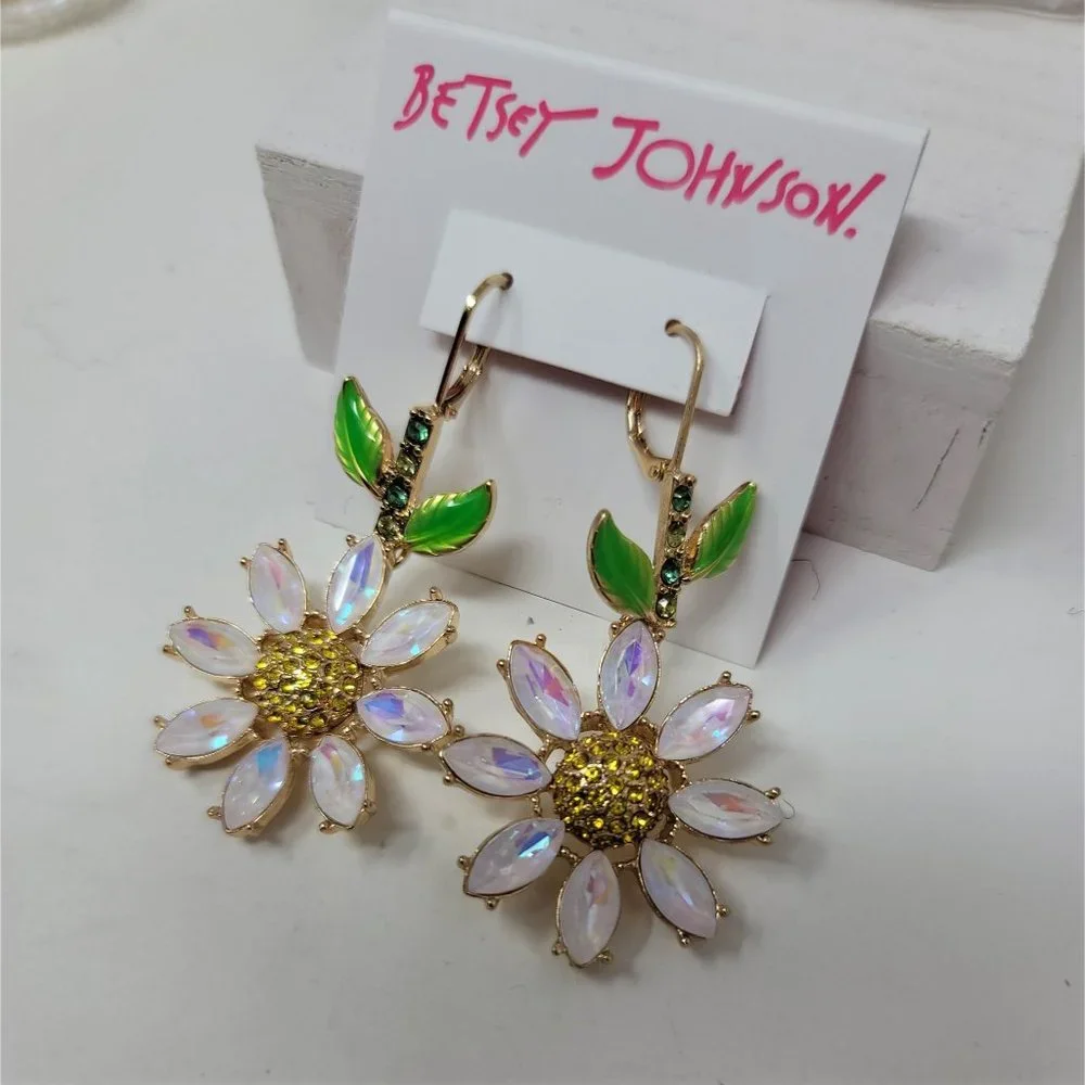 Betsey Johnson Rhinestone Flower Earrings Pierced Levier Backs - Picture 1 of 8